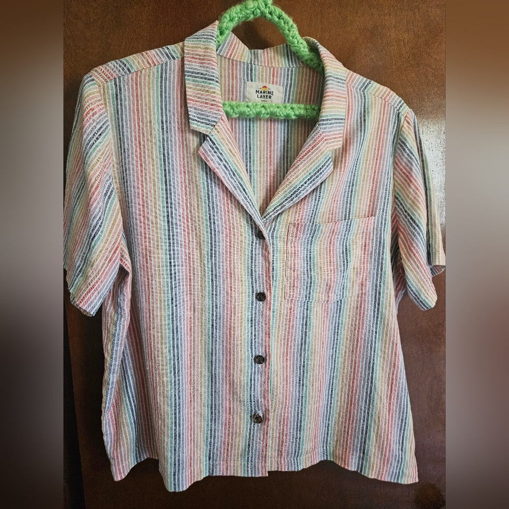 Marine Layer Hemp Tencel Boxy Cropped Striped Button Up Top Small Rainbow